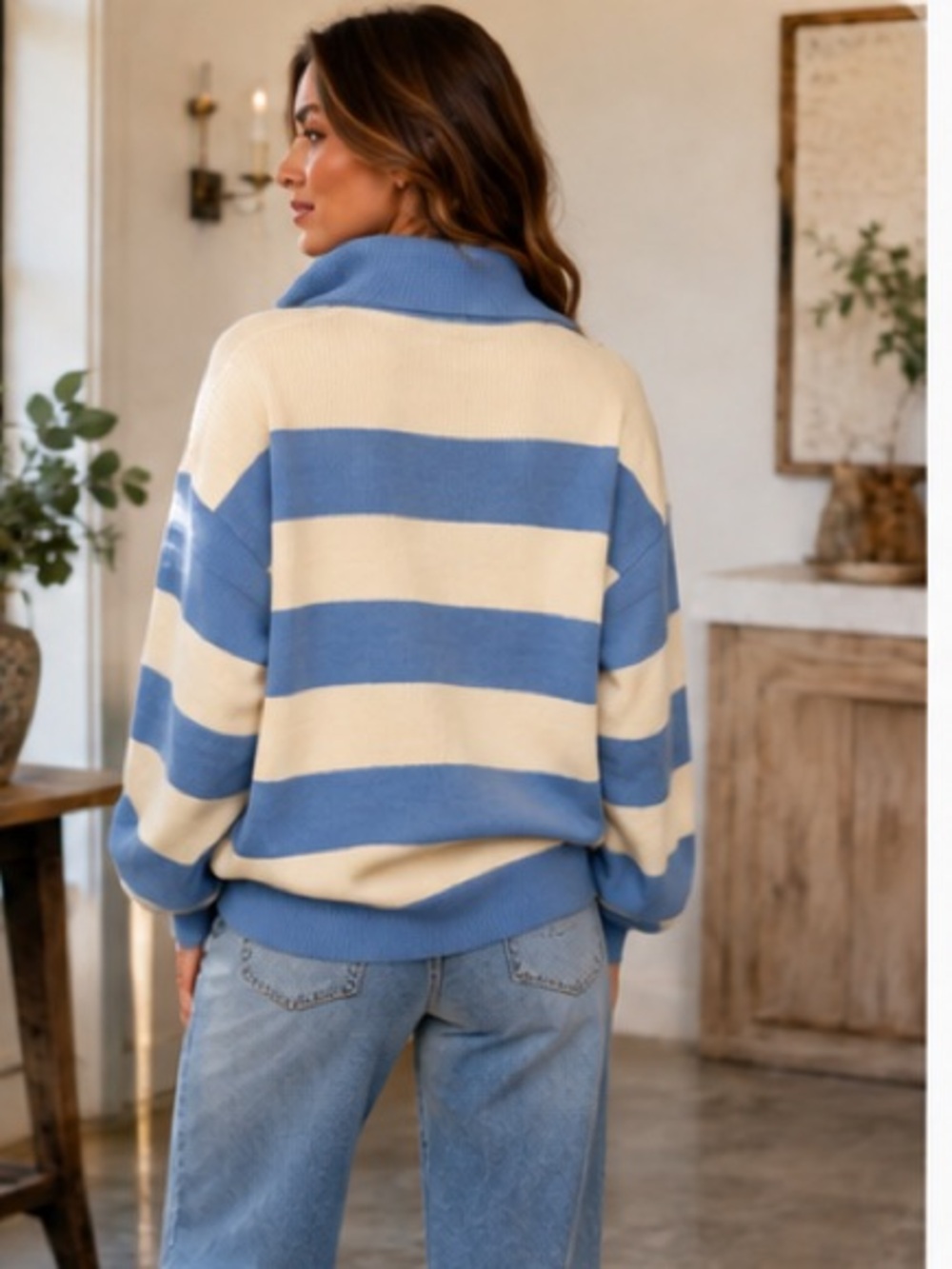 Striped Half-Zip Sweater Pullover - Blue and Cream - Picture 3 of 3